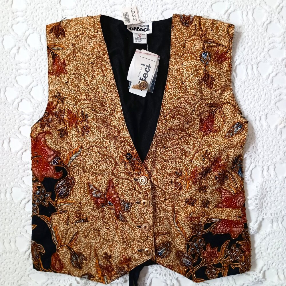 Vtg New Vest Top Shirt Beaded Batik Nature Print Bird Tan Brown Large Women NOS